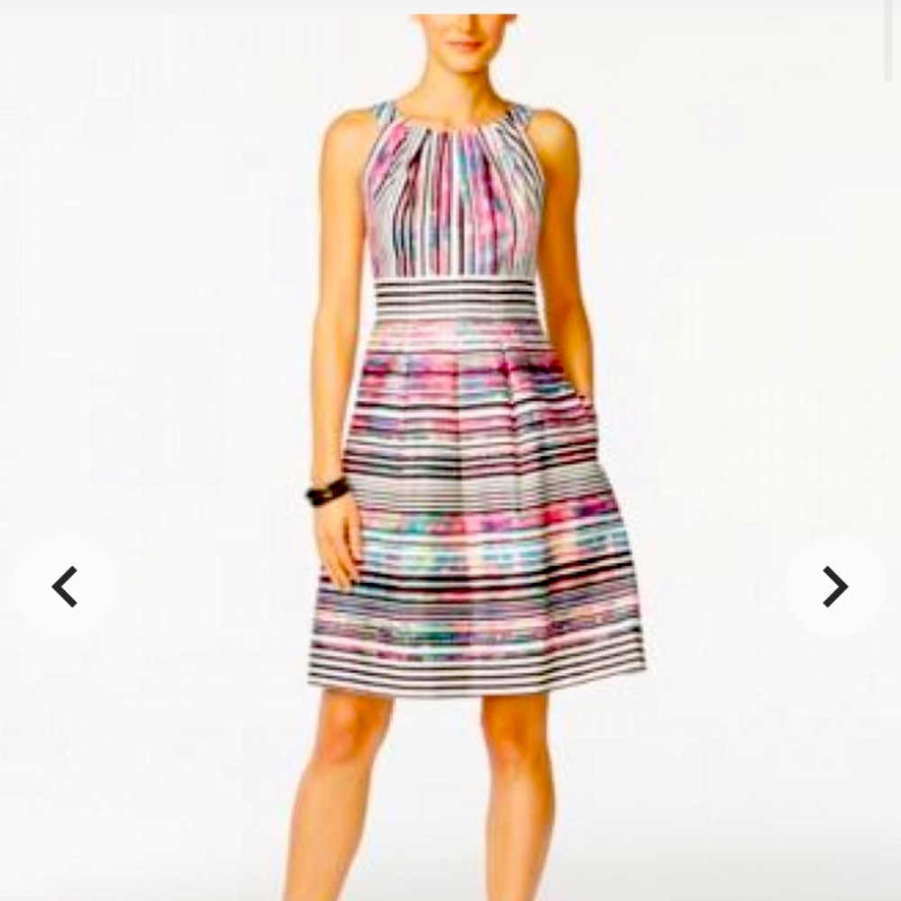 Nine West White Striped Multicolor Floral Print Fit-and-Flare Dress